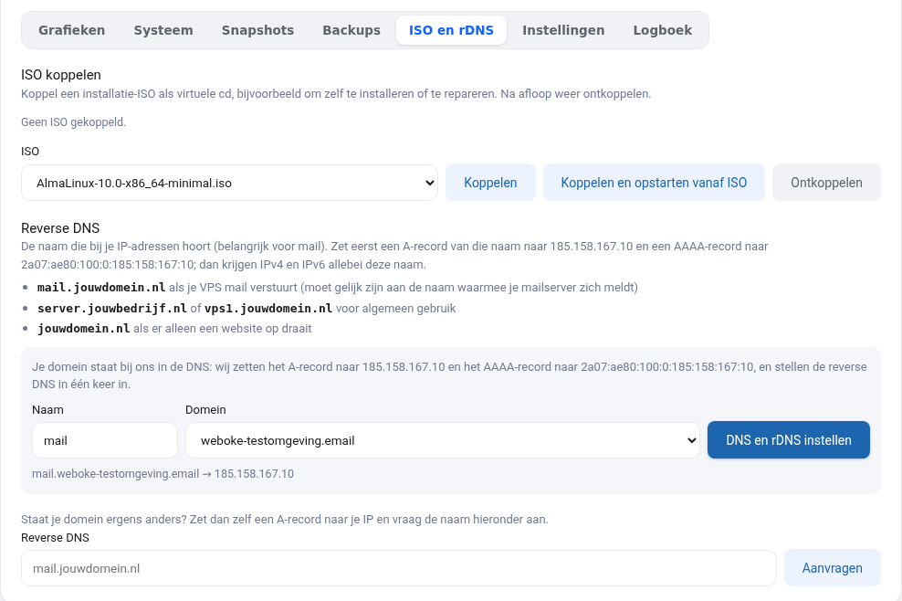 La pestaña ISO y rDNS con el bloque DNS inverso