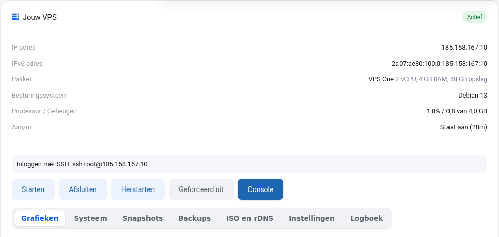 La pantalla del VPS con la línea Iniciar sesión con SSH